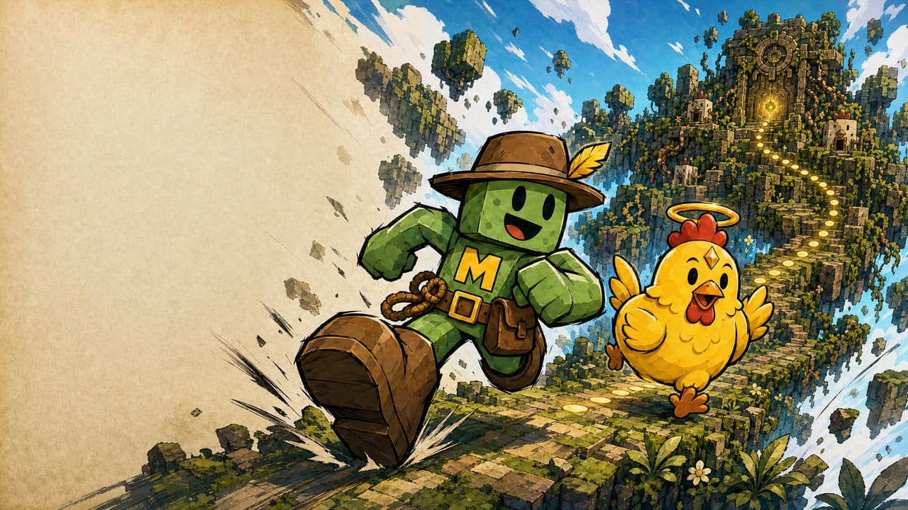 Minemo and the Golden Chicken race across floating Tessara cliffs toward the first vault.